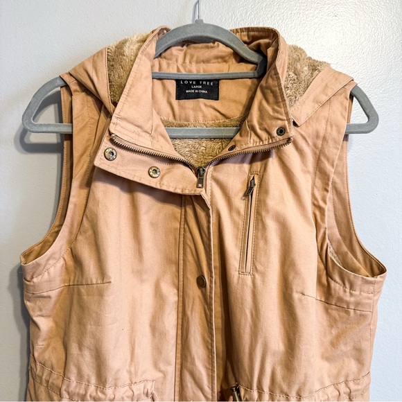 Love Tree Sherpa Lined Utility Vest Hooded Cargo Vest Tan Large - Picture 2 of 6